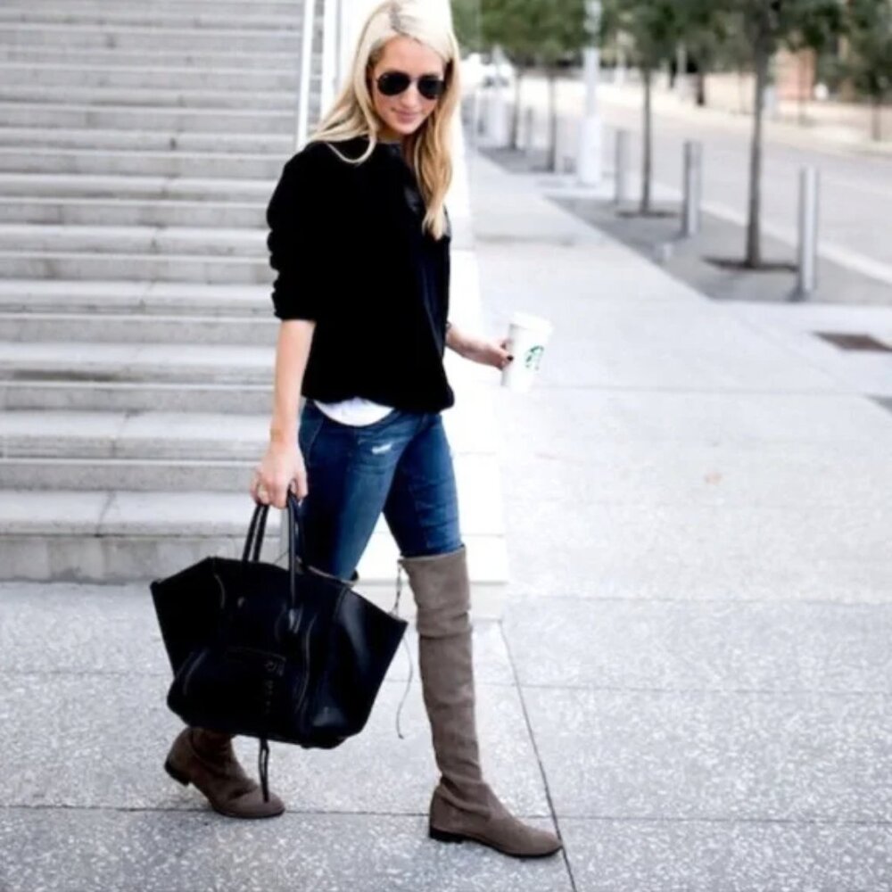 Stuart Weitzman Lowland OTK Boots Gray Suede 7 Minimalist Feminine Quiet Luxury - Picture 7 of 10